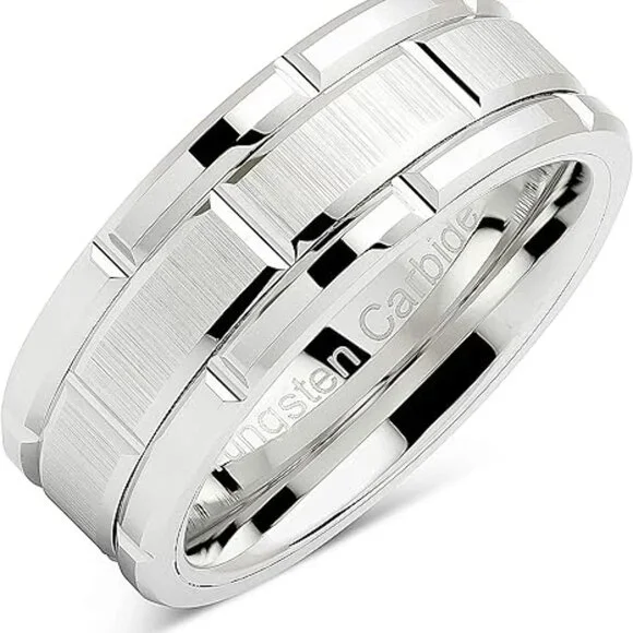 Wedding Band White Gold Brick Pattern Rhodium Plated Size 6-16 Tungsten Ring
